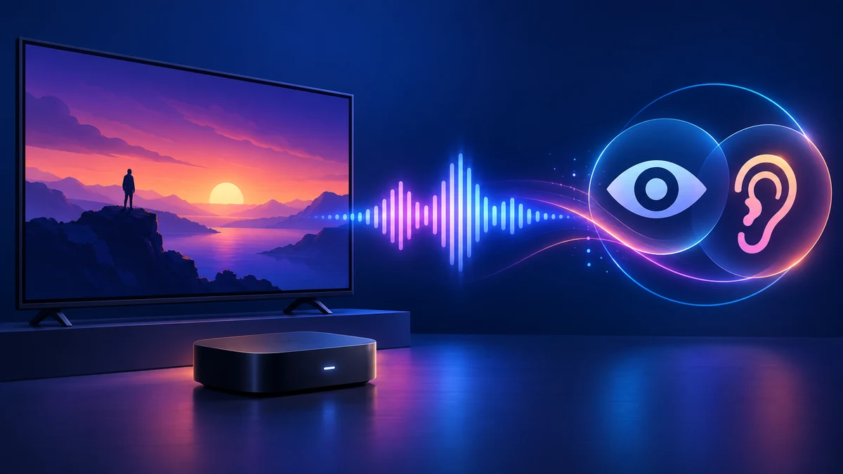 Abstract television and streaming device with a glowing audio waveform connecting visual and hearing accessibility symbols.