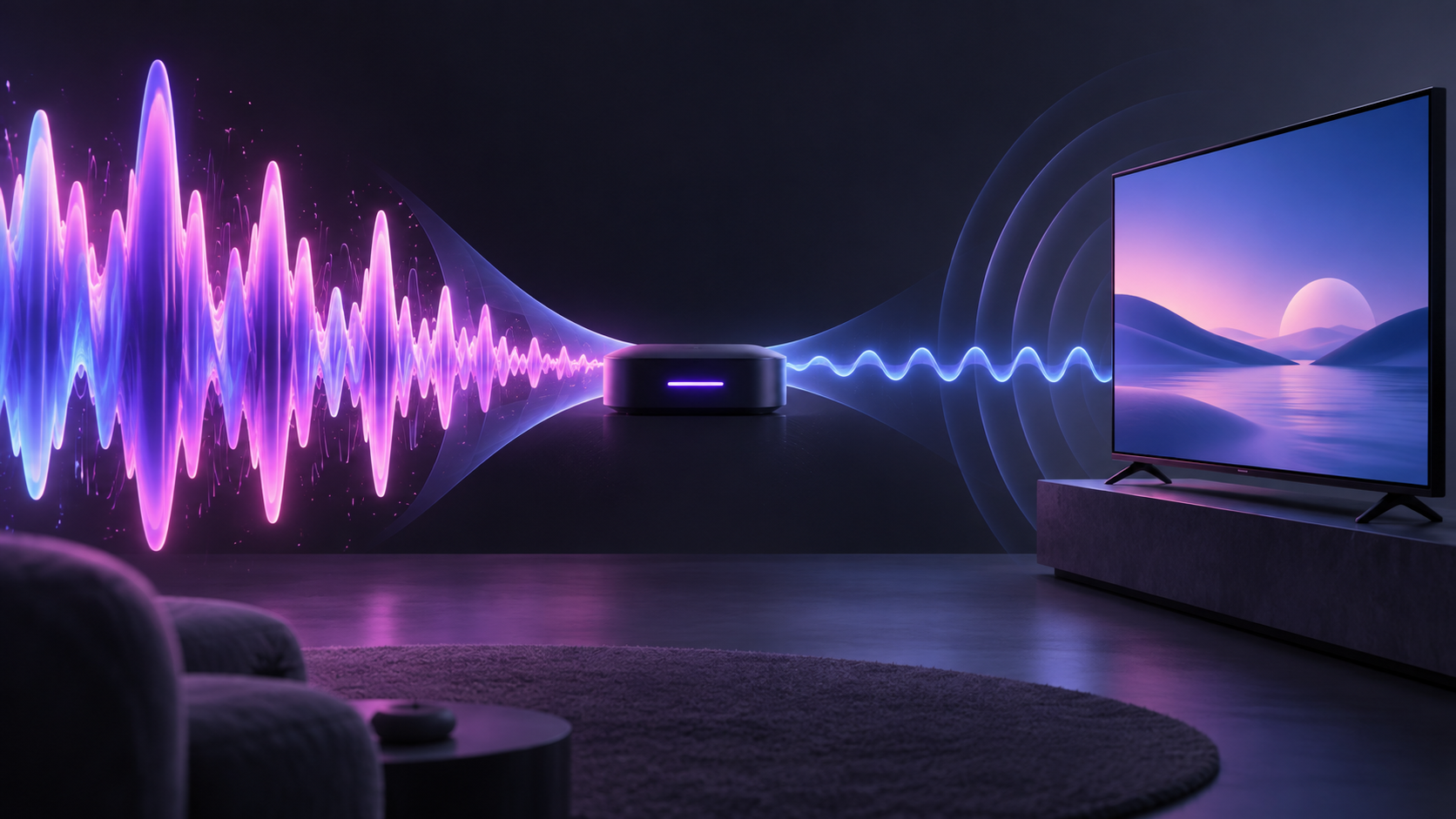 Abstract television setup where a large glowing audio waveform becomes calm and even before reaching the screen.