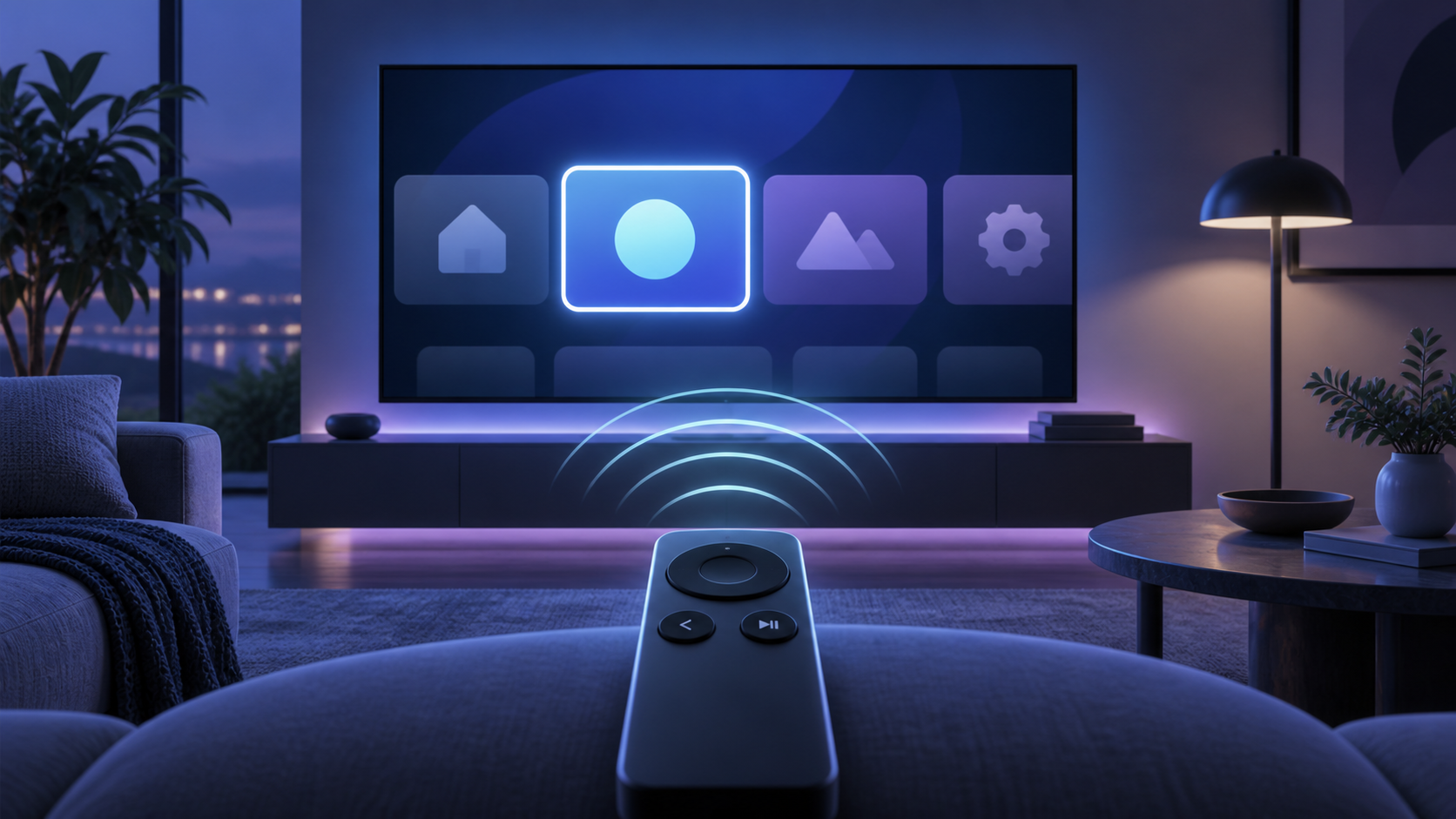 Original illustration of a generic television interface with a focused item, a remote and soft sound waves representing a screen reader.