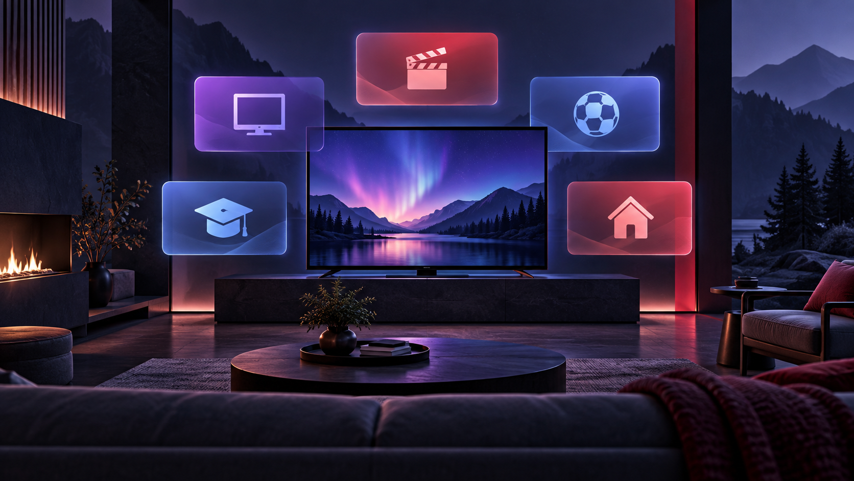 Original abstract editorial illustration of a Canadian living room, television and five generic viewing-option cards.