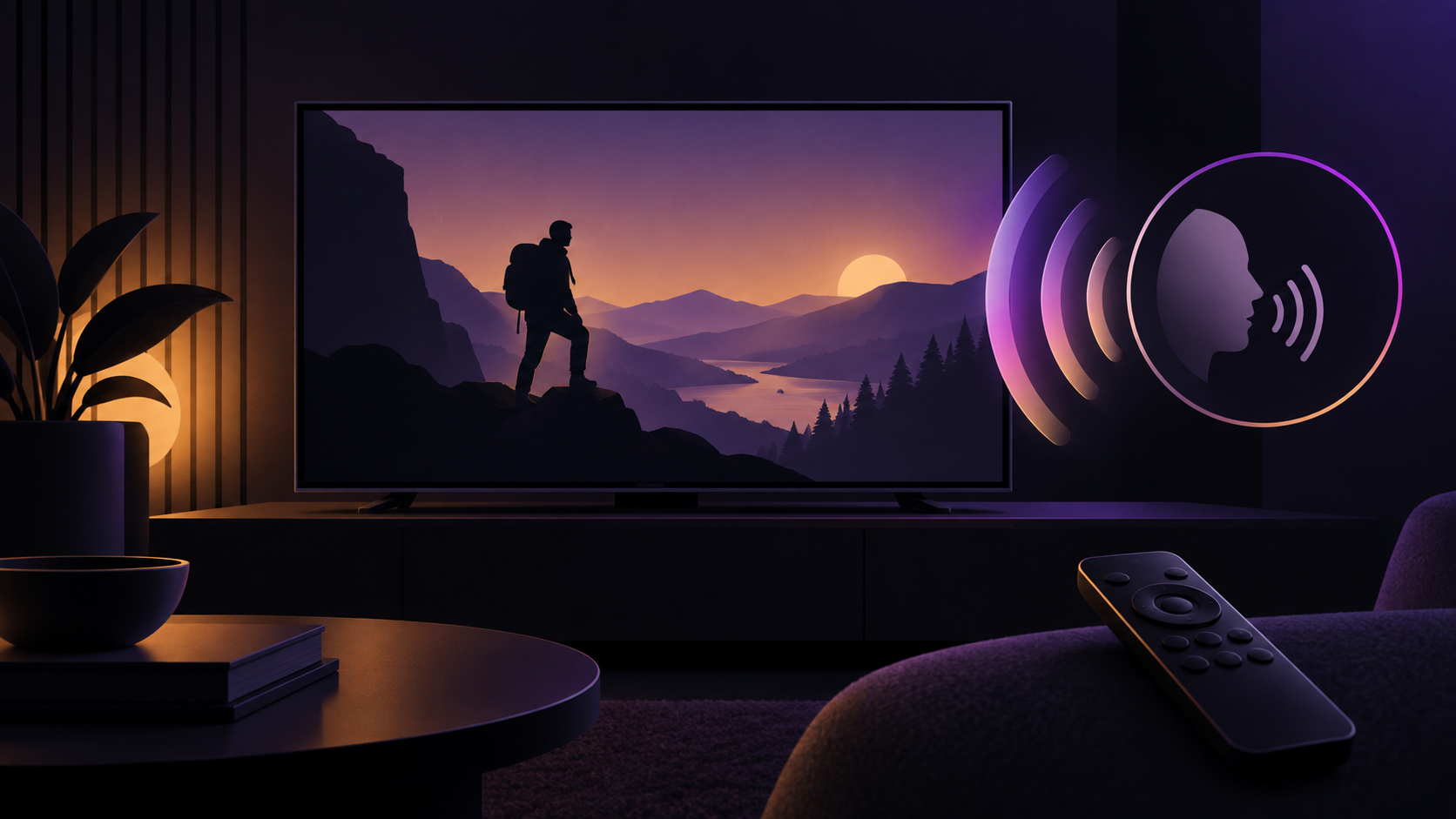 Original abstract illustration of a television scene, a generic remote and violet audio waves representing spoken visual description.