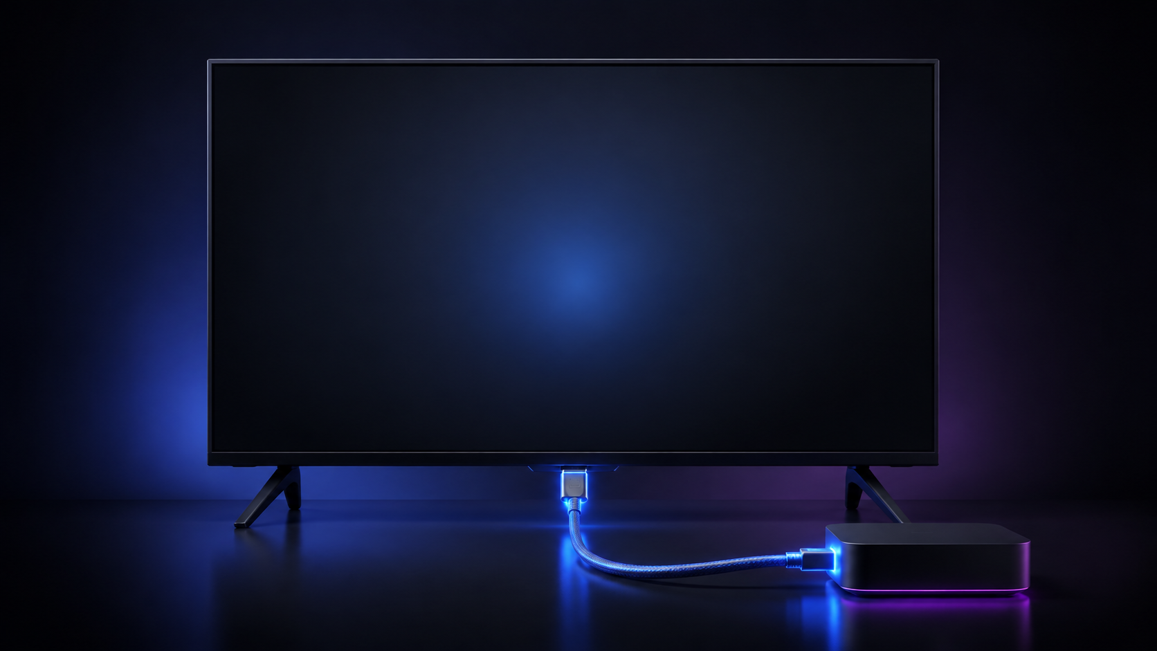 Abstract illustration of a dark television display connected by an illuminated HDMI cable to a streaming device.
