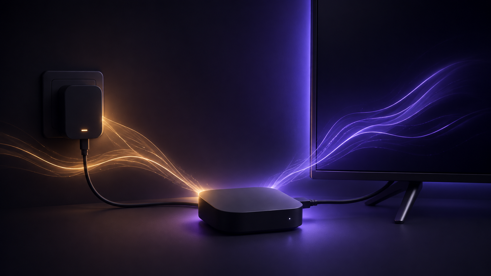 Abstract illustration of a streaming device connected to a television and a wall-power adapter with a subtle power-status glow.