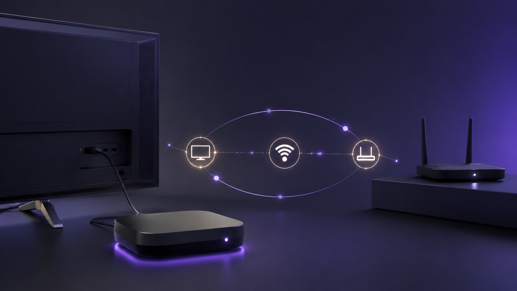 Abstract illustration of a television and streaming device with a glowing network diagnostic connection.