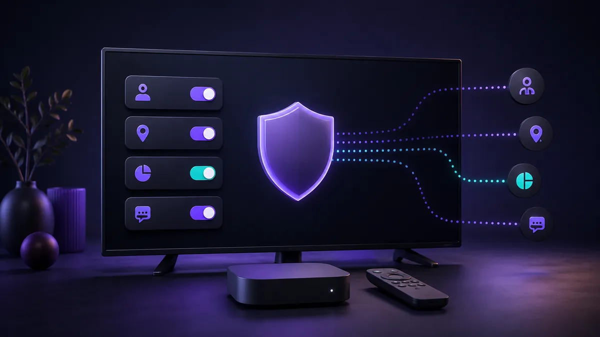 Abstract television privacy controls with toggle symbols, a shield and connected data paths.