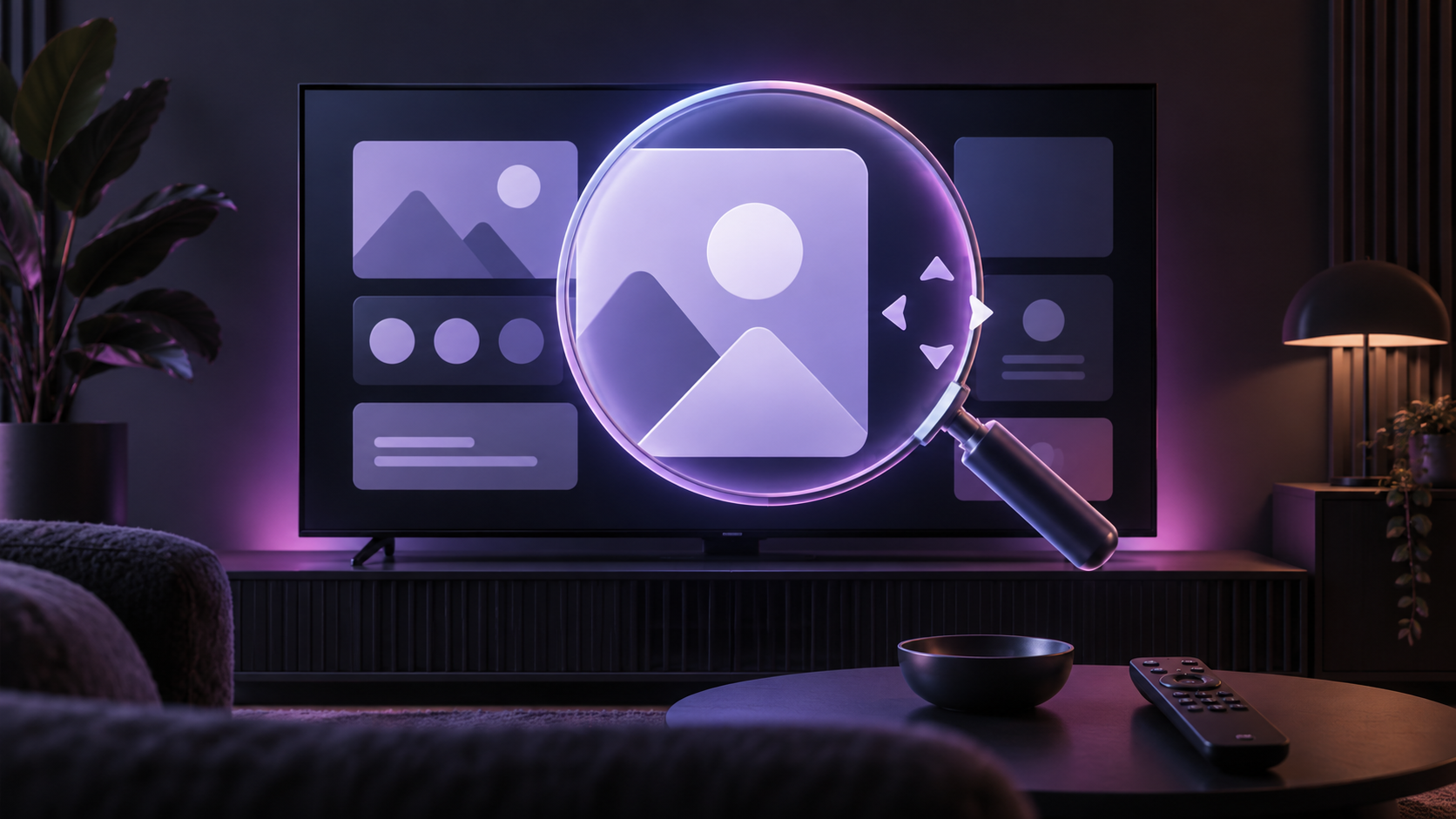 Original illustration of a television interface with an abstract magnified focus area and a remote, representing a screen magnifier feature.