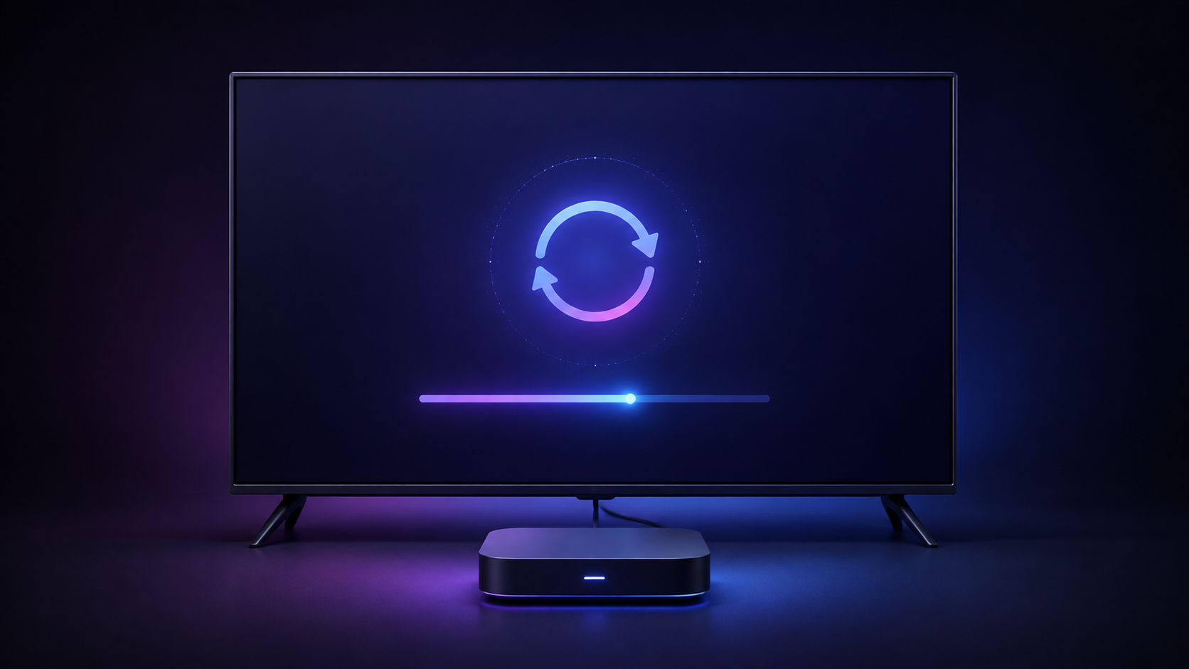 Abstract illustration of a television and connected streaming device with a glowing software-update symbol.