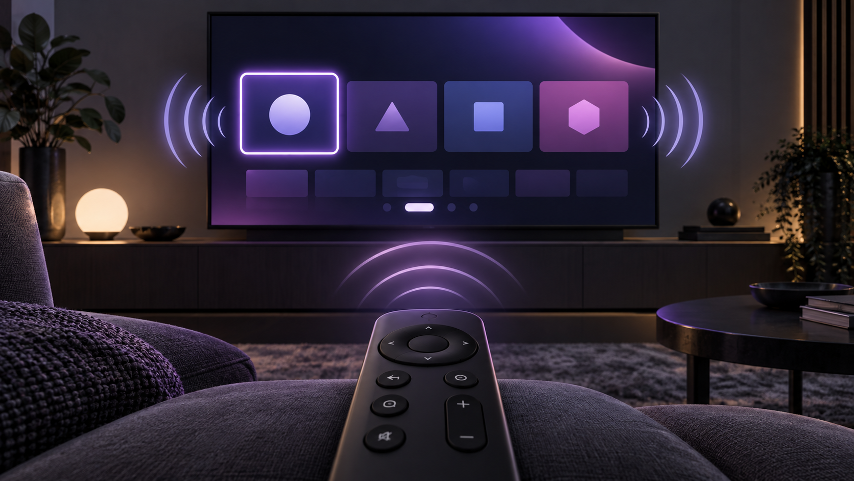 Original illustration of a generic remote and television interface with abstract sound waves, representing a screen reader feature.