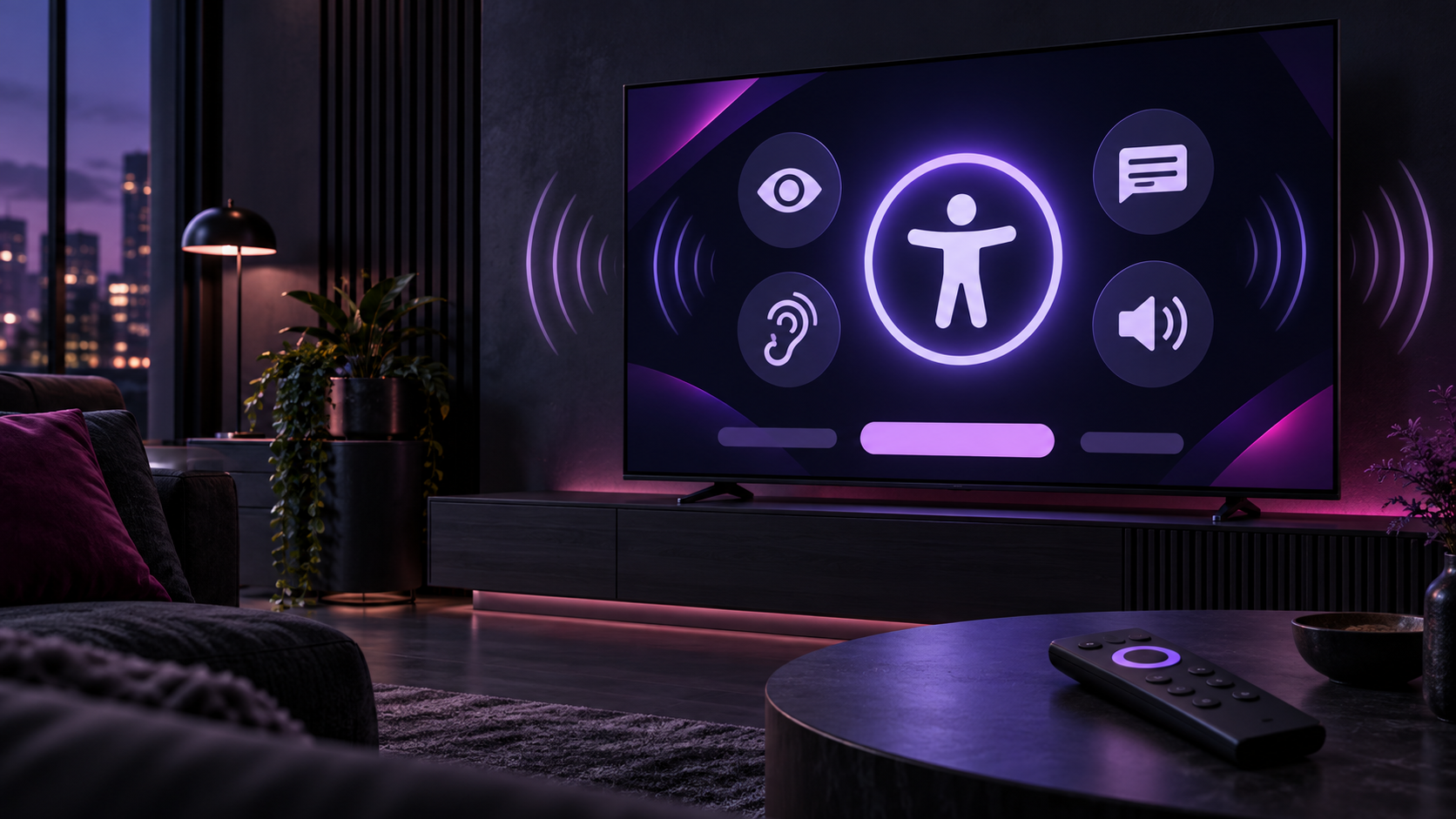 Original illustration of a television with abstract accessibility, caption, hearing and sound icons in violet tones.