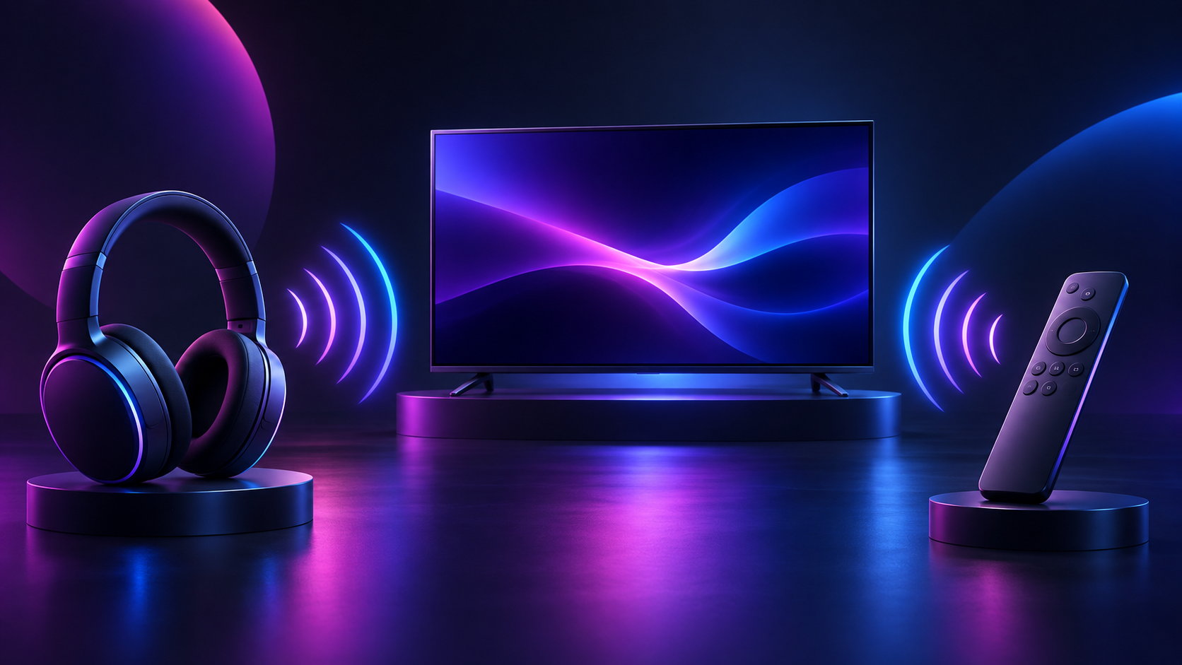 Original abstract illustration of a generic television, headphones and remote linked by violet and blue wireless waves.