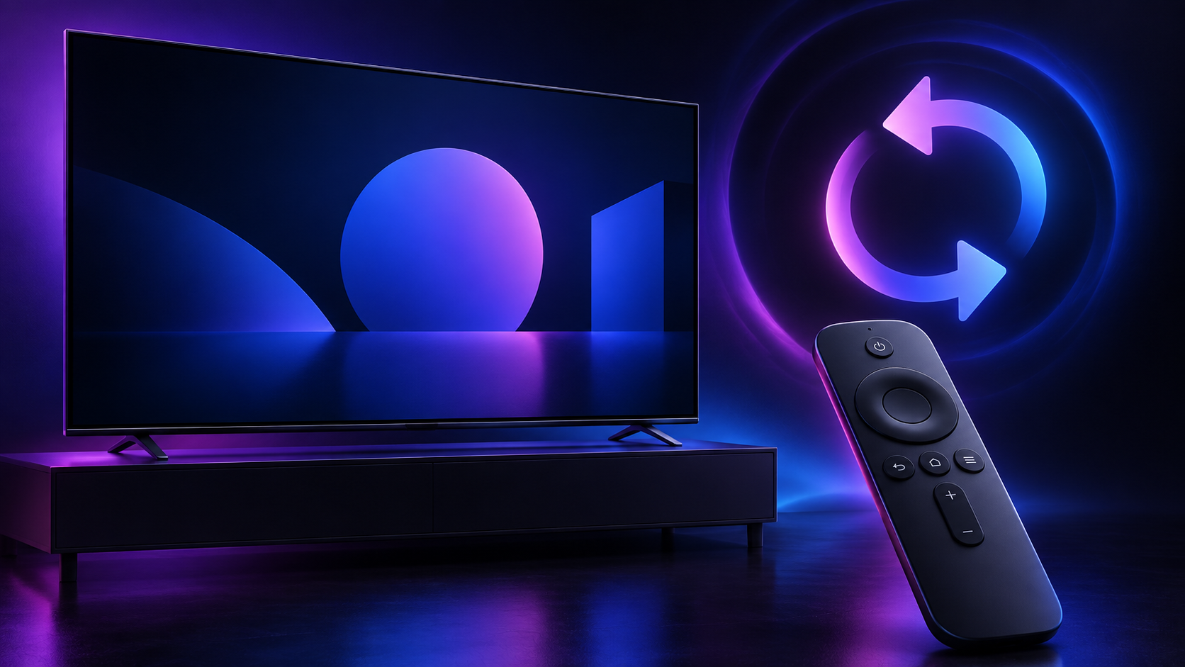 Original abstract illustration of a generic television, remote control and circular restart motif in violet and blue light.