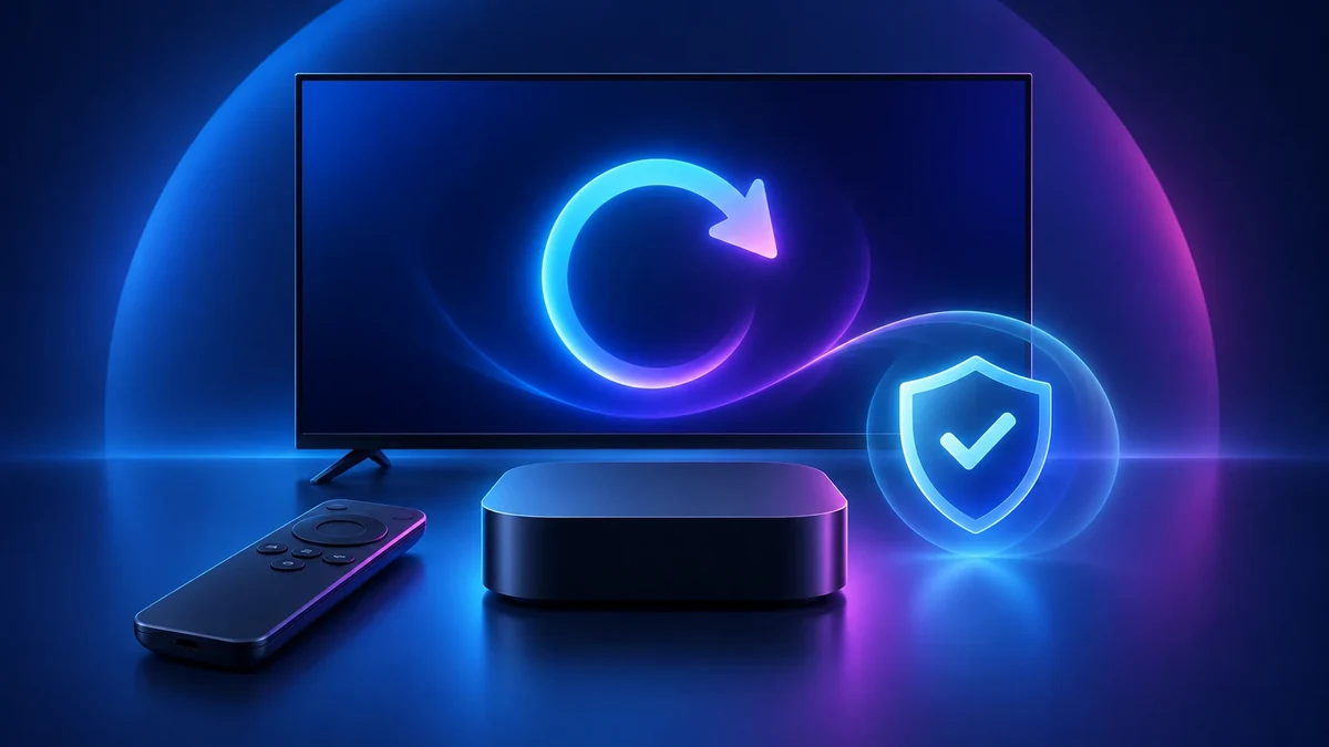 Abstract television, streaming box and remote with a circular restart symbol and a shield showing that settings stay protected.