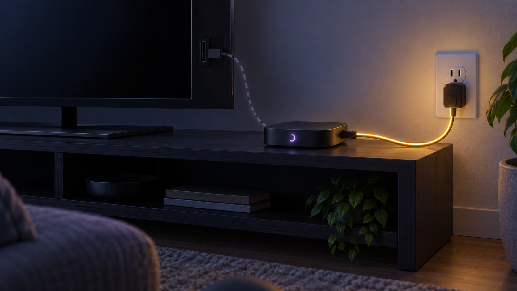 Original illustration of a generic streaming device with a television USB power path and a stable wall-power connection.