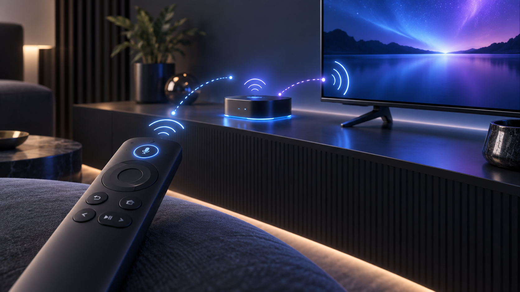 Original illustration of a generic voice-capable remote pairing wirelessly with a generic television device.