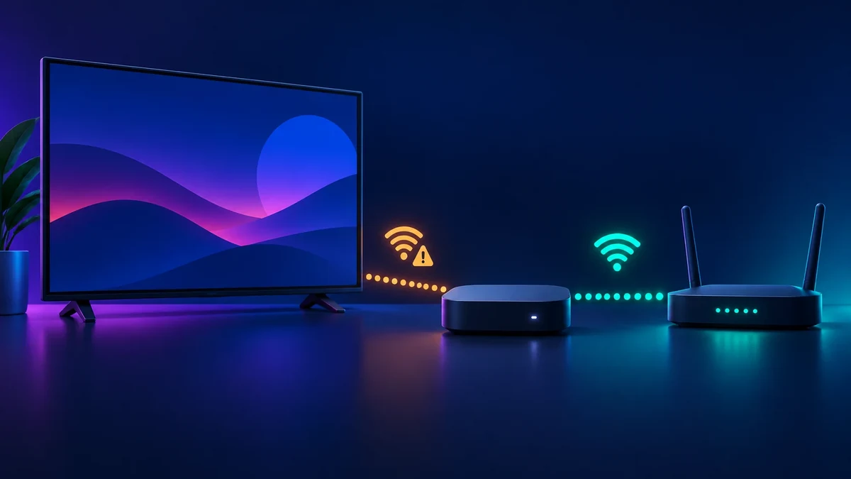 Abstract television, streaming device and router connected by a path that changes from a warning to a healthy Wi-Fi signal.